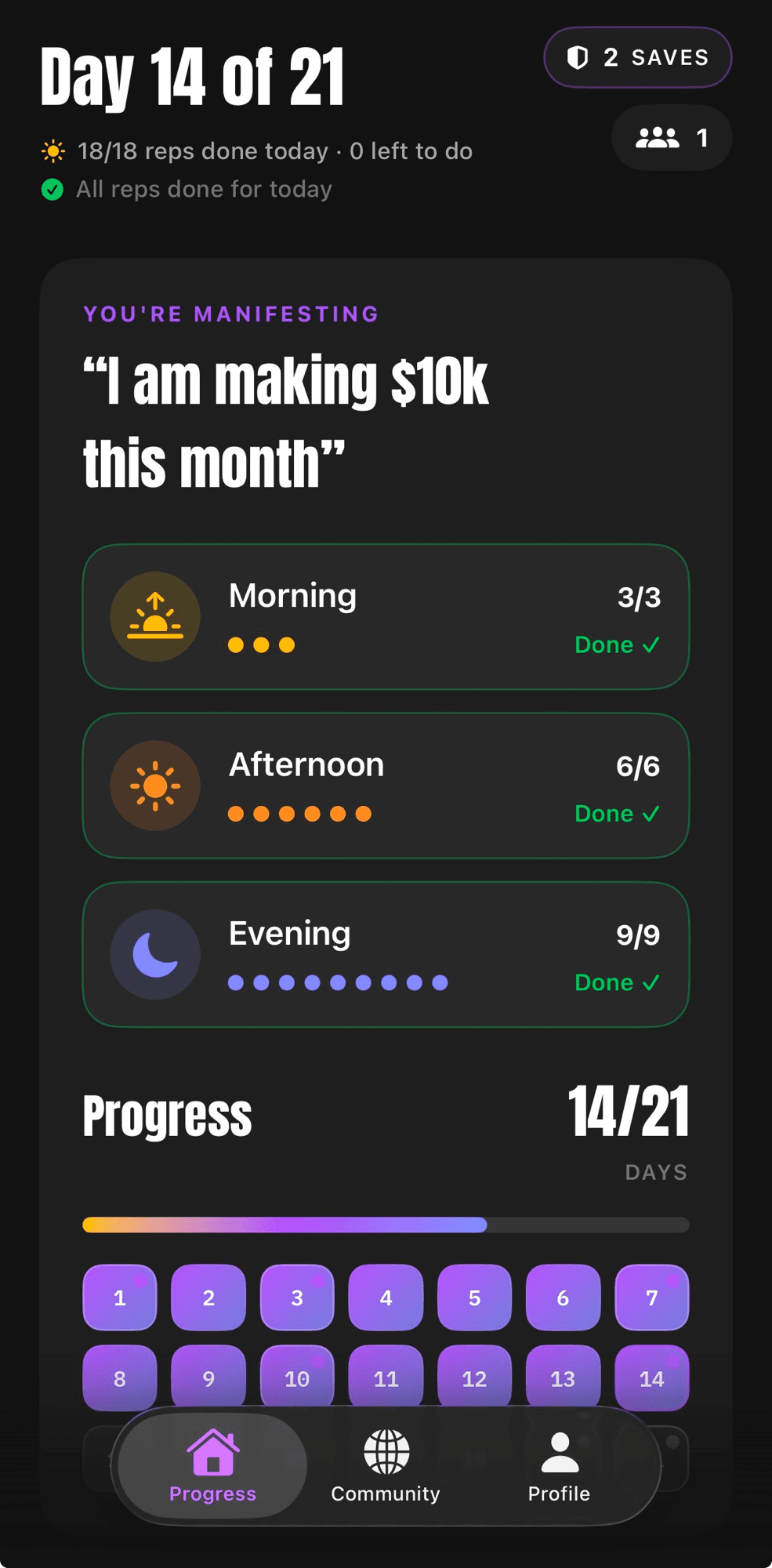 369 app — Day 14 progress screen